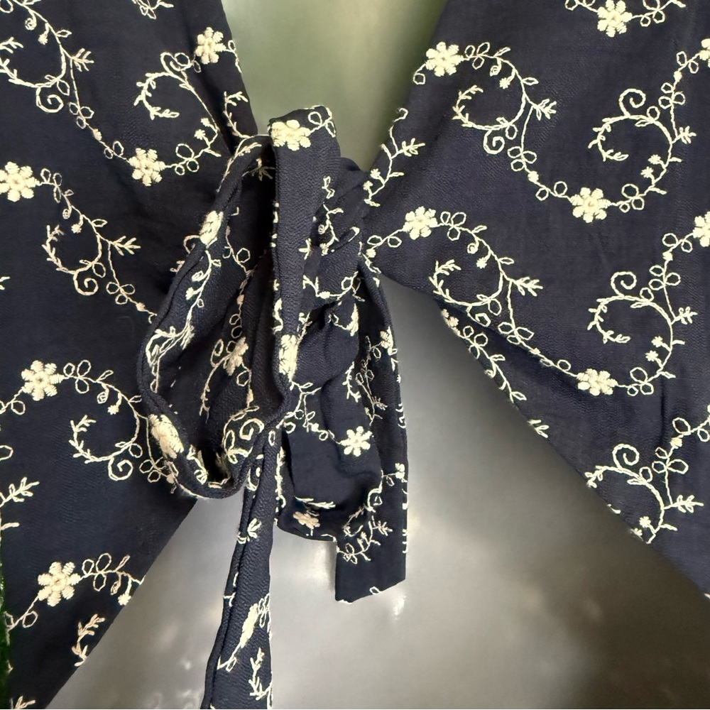 Francesca's Collection Gena Tie Back Embroidered Navy Puff Sleeve Mini Dress - Picture 11 of 16